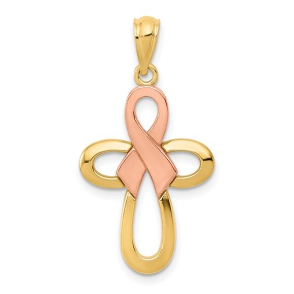 14k Two-tone Gold, Yellow Cross Rose Pink Ribbon Cancer Awareness Charm Pendant - Picture 1 of 3